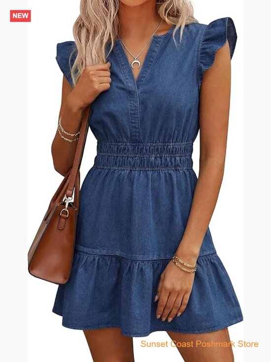 Dresses & Skirts - Ruffle Sleeve Empire Waist Denim Mini Dress with Pockets